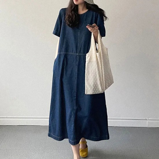 Fashion Style Denim Dress For Women O-Neck Short Sleeve Fashion Style Denim Dress For Women O-Neck Short Sleeve