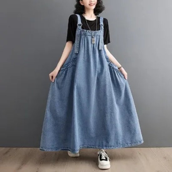 Denim Suspender Long Skirt Loose Casual Punk Vintage Style Denim Suspender Long Skirt Loose Casual Punk Vintage Style