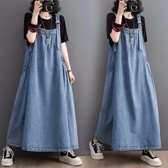 Denim Suspender Long Skirt Loose Casual Punk Vintage Style Denim Suspender Long Skirt Loose Casual Punk Vintage Style