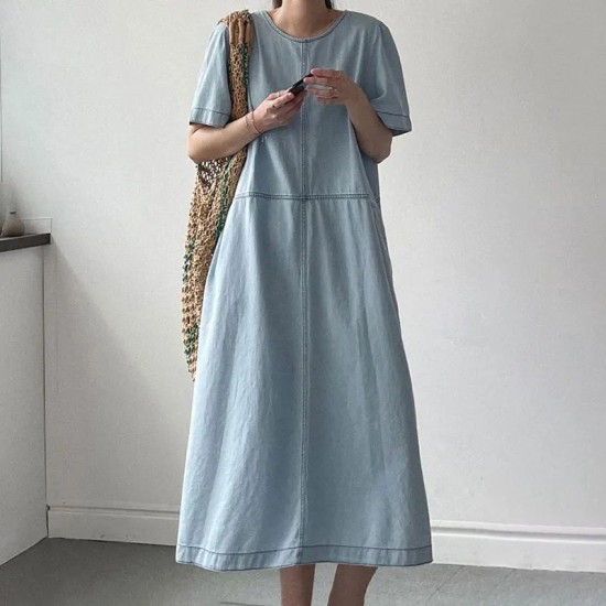 Fashion Style Denim Dress For Women O-Neck Short Sleeve Fashion Style Denim Dress For Women O-Neck Short Sleeve