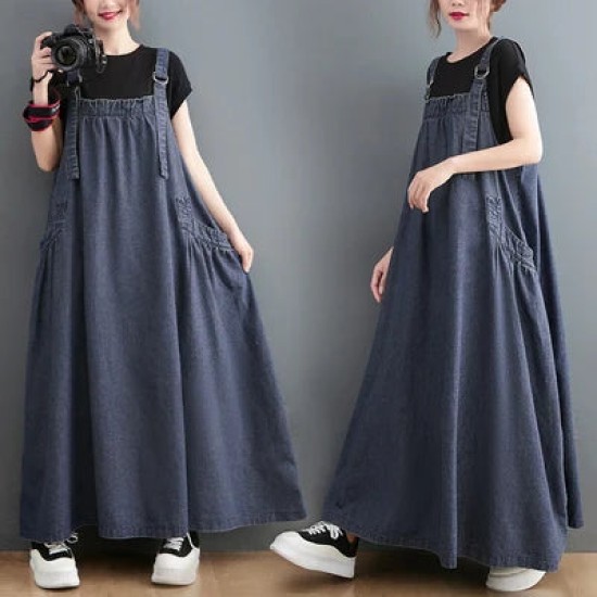 Denim Suspender Long Skirt Loose Casual Punk Vintage Style Denim Suspender Long Skirt Loose Casual Punk Vintage Style