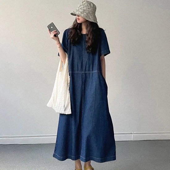 Fashion Style Denim Dress For Women O-Neck Short Sleeve Fashion Style Denim Dress For Women O-Neck Short Sleeve