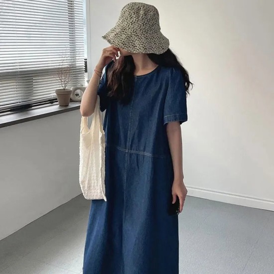 Fashion Style Denim Dress For Women O-Neck Short Sleeve Fashion Style Denim Dress For Women O-Neck Short Sleeve
