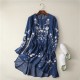 Casual Denim Dresses Long Sleeve Vintage Ethnic Floral Embroidery