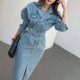 Elegant Full Sleeve Split Women Denim Dress Notched Collar Elegant Full Sleeve Split Women Denim Dress Notched Collar
