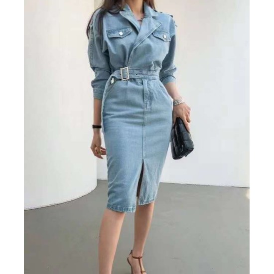 Elegant Full Sleeve Split Women Denim Dress Notched Collar Elegant Full Sleeve Split Women Denim Dress Notched Collar