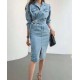 Elegant Full Sleeve Split Women Denim Dress Notched Collar Elegant Full Sleeve Split Women Denim Dress Notched Collar