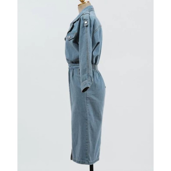 Elegant Full Sleeve Split Women Denim Dress Notched Collar Elegant Full Sleeve Split Women Denim Dress Notched Collar
