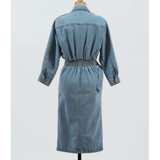 Elegant Full Sleeve Split Women Denim Dress Notched Collar Elegant Full Sleeve Split Women Denim Dress Notched Collar