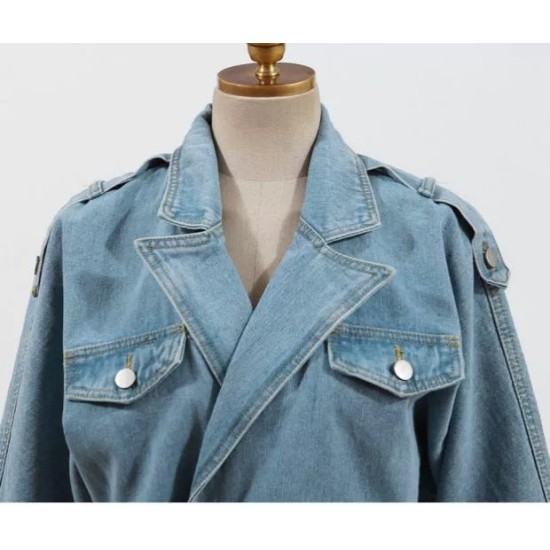 Elegant Full Sleeve Split Women Denim Dress Notched Collar Elegant Full Sleeve Split Women Denim Dress Notched Collar