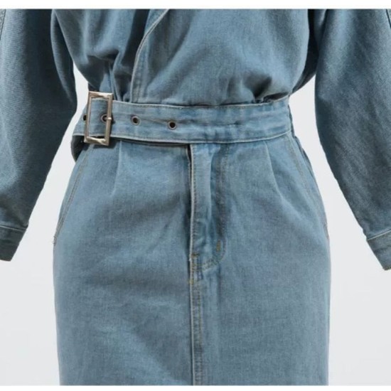 Elegant Full Sleeve Split Women Denim Dress Notched Collar Elegant Full Sleeve Split Women Denim Dress Notched Collar