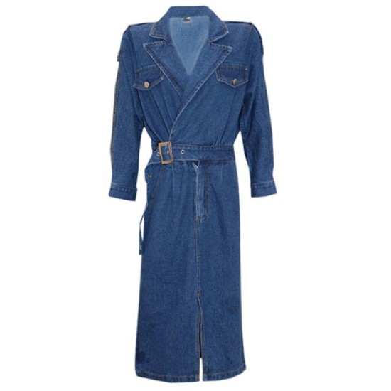 Elegant Full Sleeve Split Women Denim Dress Notched Collar Elegant Full Sleeve Split Women Denim Dress Notched Collar