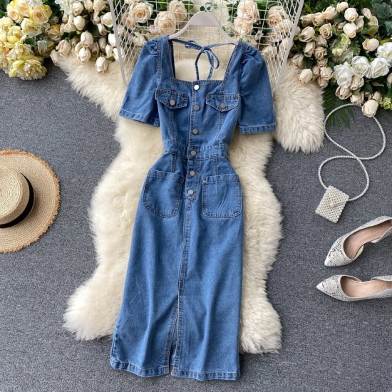 fashion Split denim dress single-breasted slim Square collar fashion Split denim dress single-breasted slim Square collar