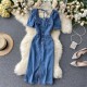 fashion Split denim dress single-breasted slim Square collar fashion Split denim dress single-breasted slim Square collar