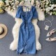 fashion Split denim dress single-breasted slim Square collar fashion Split denim dress single-breasted slim Square collar