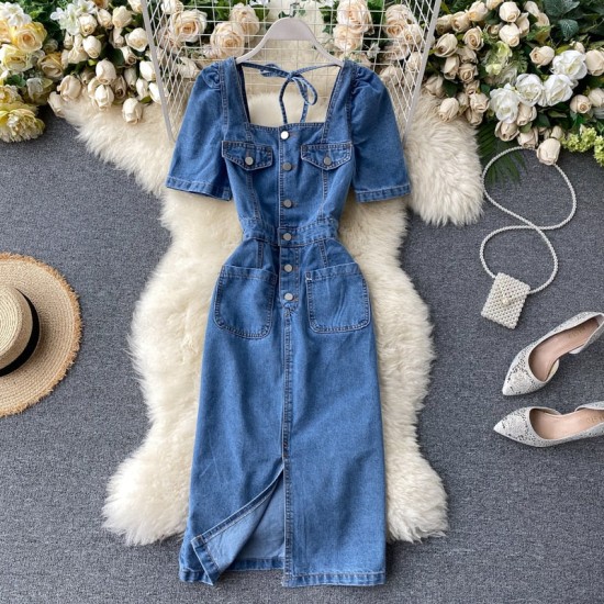 fashion Split denim dress single-breasted slim Square collar fashion Split denim dress single-breasted slim Square collar