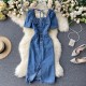 fashion Split denim dress single-breasted slim Square collar fashion Split denim dress single-breasted slim Square collar