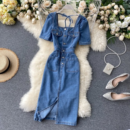 fashion Split denim dress single-breasted slim Square collar fashion Split denim dress single-breasted slim Square collar