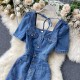 fashion Split denim dress single-breasted slim Square collar fashion Split denim dress single-breasted slim Square collar
