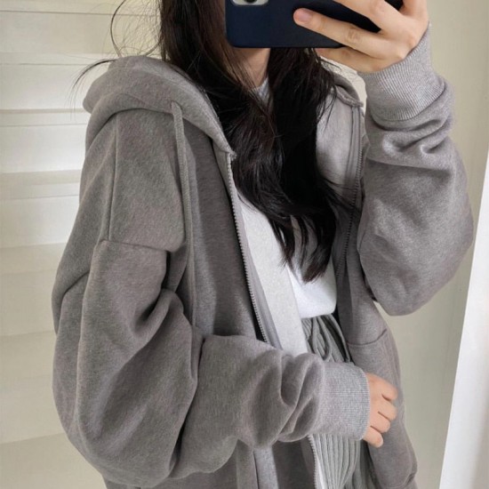 Version Hooded Sweatshirts Women Winter Solid Zip Up Loose Jacket Coats