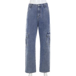 Pockets Patchwork High Waist Jeans Streetwear Straight
