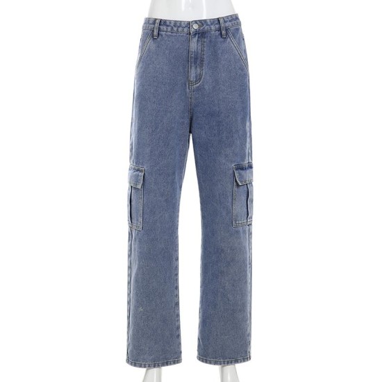 Pockets Patchwork High Waist Jeans Streetwear Straight Pockets Patchwork High Waist Jeans Streetwear Straight