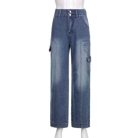Jeans Streetwear High Waist Jeans Wide Leg Pockets Patchwork Baggy Cargo Jeans Streetwear High Waist Jeans Wide Leg Pockets Patchwork Baggy Cargo