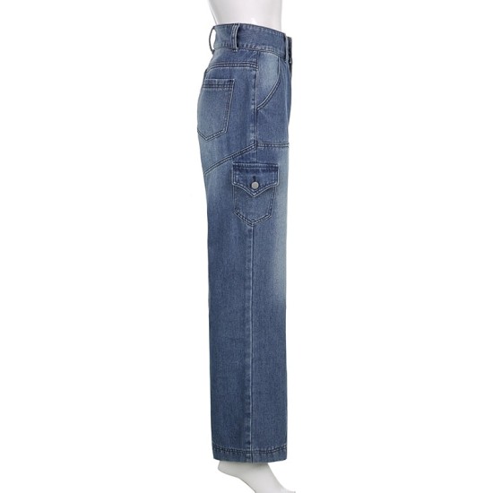 Jeans Streetwear High Waist Jeans Wide Leg Pockets Patchwork Baggy Cargo Jeans Streetwear High Waist Jeans Wide Leg Pockets Patchwork Baggy Cargo