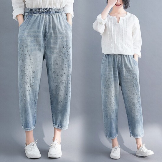 Jeans Women Floral Embroidery Vintage Casual Loose Breeches Boyfriend Jeans Women Floral Embroidery Vintage Casual Loose Breeches Boyfriend