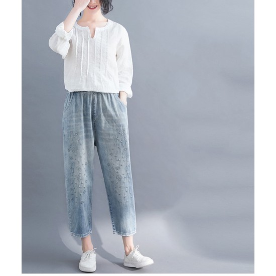 Jeans Women Floral Embroidery Vintage Casual Loose Breeches Boyfriend Jeans Women Floral Embroidery Vintage Casual Loose Breeches Boyfriend