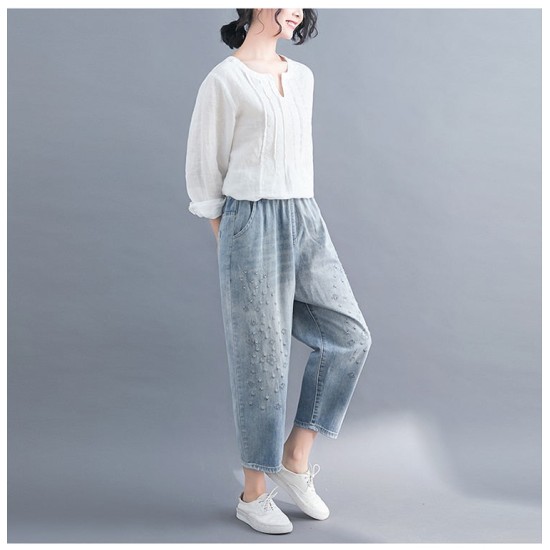 Jeans Women Floral Embroidery Vintage Casual Loose Breeches Boyfriend Jeans Women Floral Embroidery Vintage Casual Loose Breeches Boyfriend