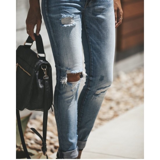High Waist Ripped Skinny Pencil Pants Jean Hole Ripped Denim Jeans