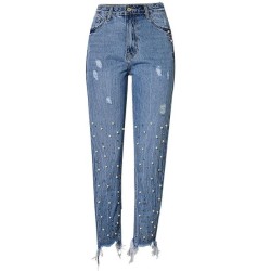 Jeans Denim Pants High Waist Slim Straight Pearl Tassel Washed Cowboy