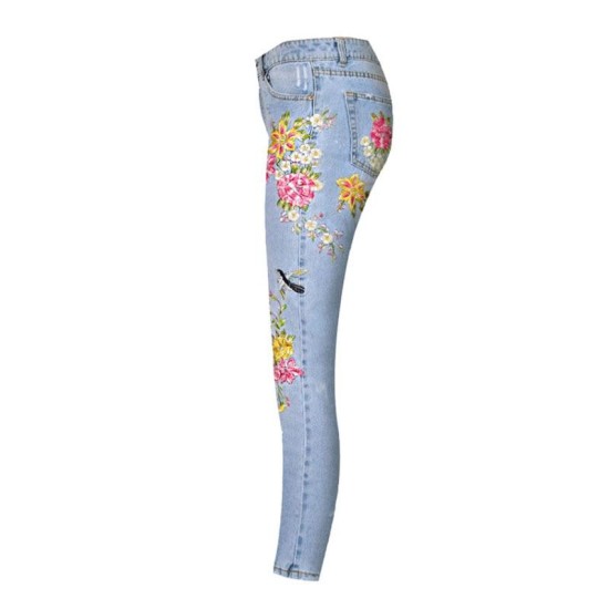 Fashion Floral Embroidery Denim High Waist Straight Vintage Ripped Slim Jean Fashion Floral Embroidery Denim High Waist Straight Vintage Ripped Slim Jean