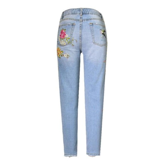 Fashion Floral Embroidery Denim High Waist Straight Vintage Ripped Slim Jean Fashion Floral Embroidery Denim High Waist Straight Vintage Ripped Slim Jean