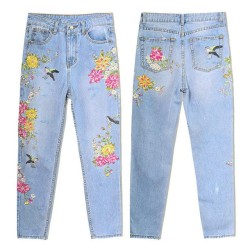 Fashion Floral Embroidery Denim High Waist Straight Vintage Ripped Slim Jean