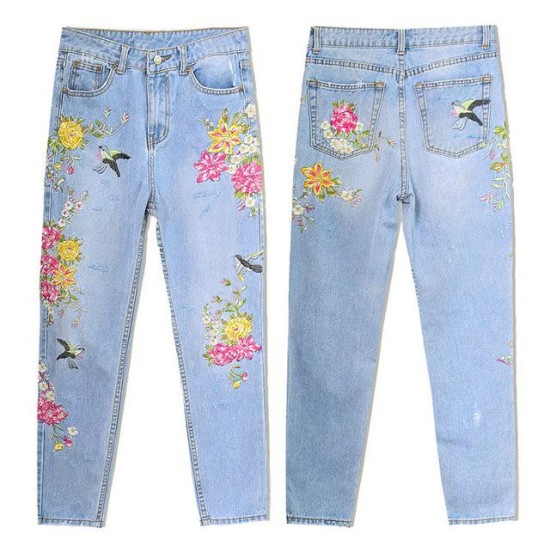 Fashion Floral Embroidery Denim High Waist Straight Vintage Ripped Slim Jean Fashion Floral Embroidery Denim High Waist Straight Vintage Ripped Slim Jean