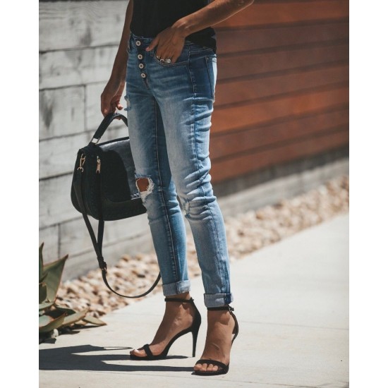 High Waist Ripped Skinny Pencil Pants Jean Hole Ripped Denim Jeans