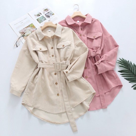 Women Solid Corduroy Batwing Sleeve Vintage Shirt Jacket With Belt Women Solid Corduroy Batwing Sleeve Vintage Shirt Jacket With Belt