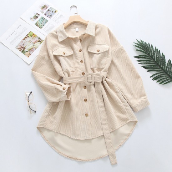 Women Solid Corduroy Batwing Sleeve Vintage Shirt Jacket With Belt Women Solid Corduroy Batwing Sleeve Vintage Shirt Jacket With Belt