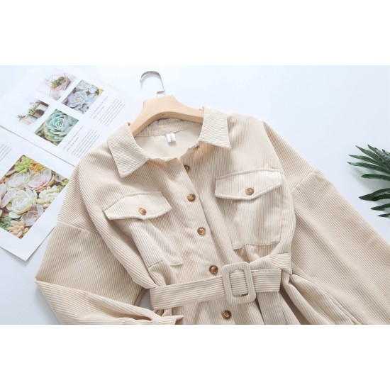 Women Solid Corduroy Batwing Sleeve Vintage Shirt Jacket With Belt Women Solid Corduroy Batwing Sleeve Vintage Shirt Jacket With Belt