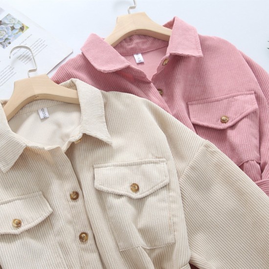 Women Solid Corduroy Batwing Sleeve Vintage Shirt Jacket With Belt Women Solid Corduroy Batwing Sleeve Vintage Shirt Jacket With Belt