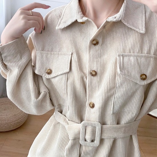 Women Solid Corduroy Batwing Sleeve Vintage Shirt Jacket With Belt Women Solid Corduroy Batwing Sleeve Vintage Shirt Jacket With Belt