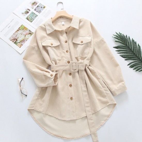 Women Solid Corduroy Batwing Sleeve Vintage Shirt Jacket With Belt Women Solid Corduroy Batwing Sleeve Vintage Shirt Jacket With Belt
