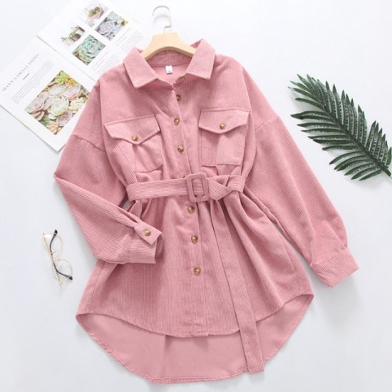 Women Solid Corduroy Batwing Sleeve Vintage Shirt Jacket With Belt Women Solid Corduroy Batwing Sleeve Vintage Shirt Jacket With Belt