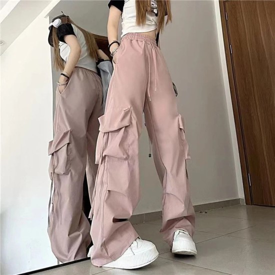 Women Y2K Cargo Pants Casual High Waist Big Pockets Hip Hop Trousers