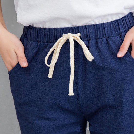 Casual Solid Elastic Waist Cotton Linen Ankle Length Pants Casual Solid Elastic Waist Cotton Linen Ankle Length Pants