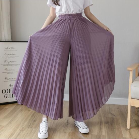 Fashion Streetwear Pleated Culotte Pants Blue Black Purple Chiffon Trousers Fashion Streetwear Pleated Culotte Pants Blue Black Purple Chiffon Trousers