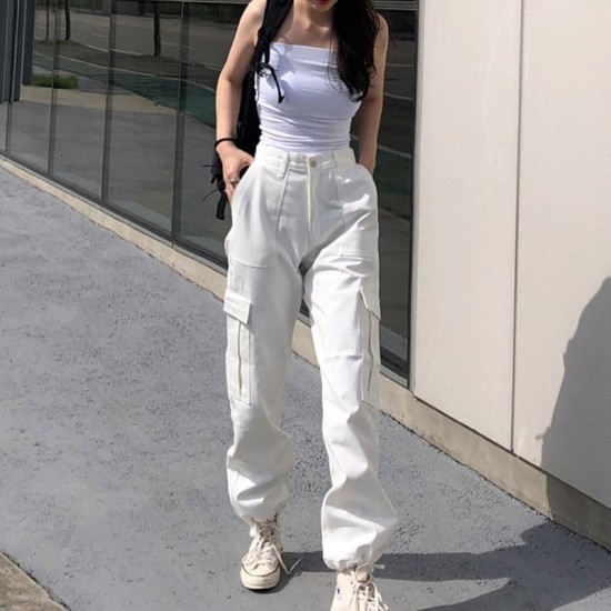 Fashion Cargo Women's Pants Pocket White Streetwear High Waist Trousers Vintage Straight Fashion Cargo Women's Pants Pocket White Streetwear High Waist Trousers Vintage Straight