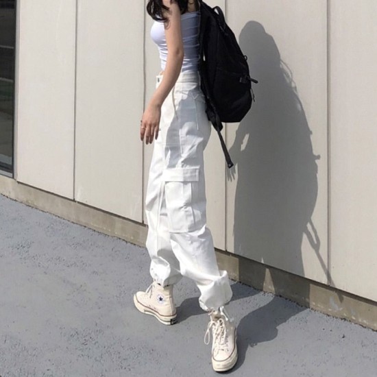 Fashion Cargo Women's Pants Pocket White Streetwear High Waist Trousers Vintage Straight Fashion Cargo Women's Pants Pocket White Streetwear High Waist Trousers Vintage Straight